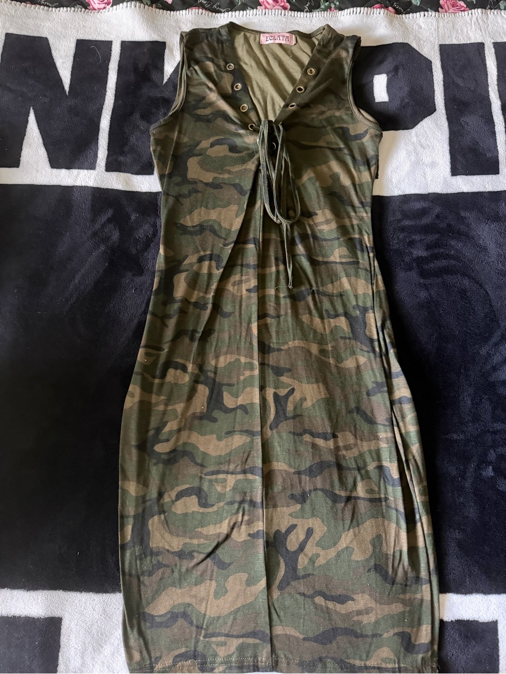 Sleeveless Camouflage Midi Dress with Grommet Lace-Up